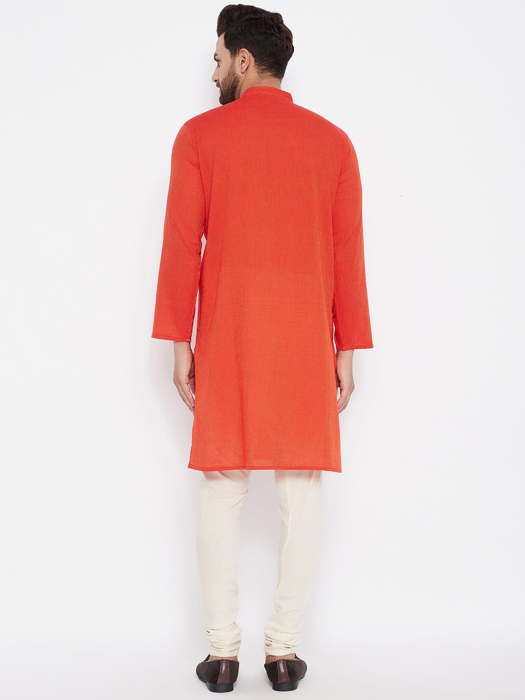 Men's Cotton Striped Orange Kurta