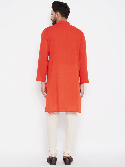 Men's Cotton Striped Orange Kurta