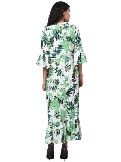 Women's Green Printed 3/4 Sleeve Polyester V Neck Casual Kurta Only