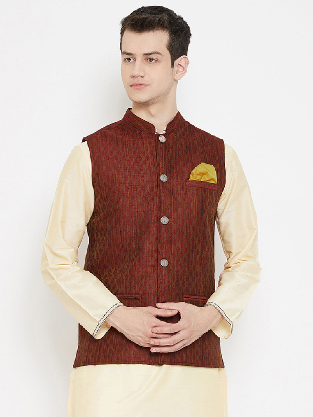 Men's Jacquard Maroon Silk Nehru Jacket