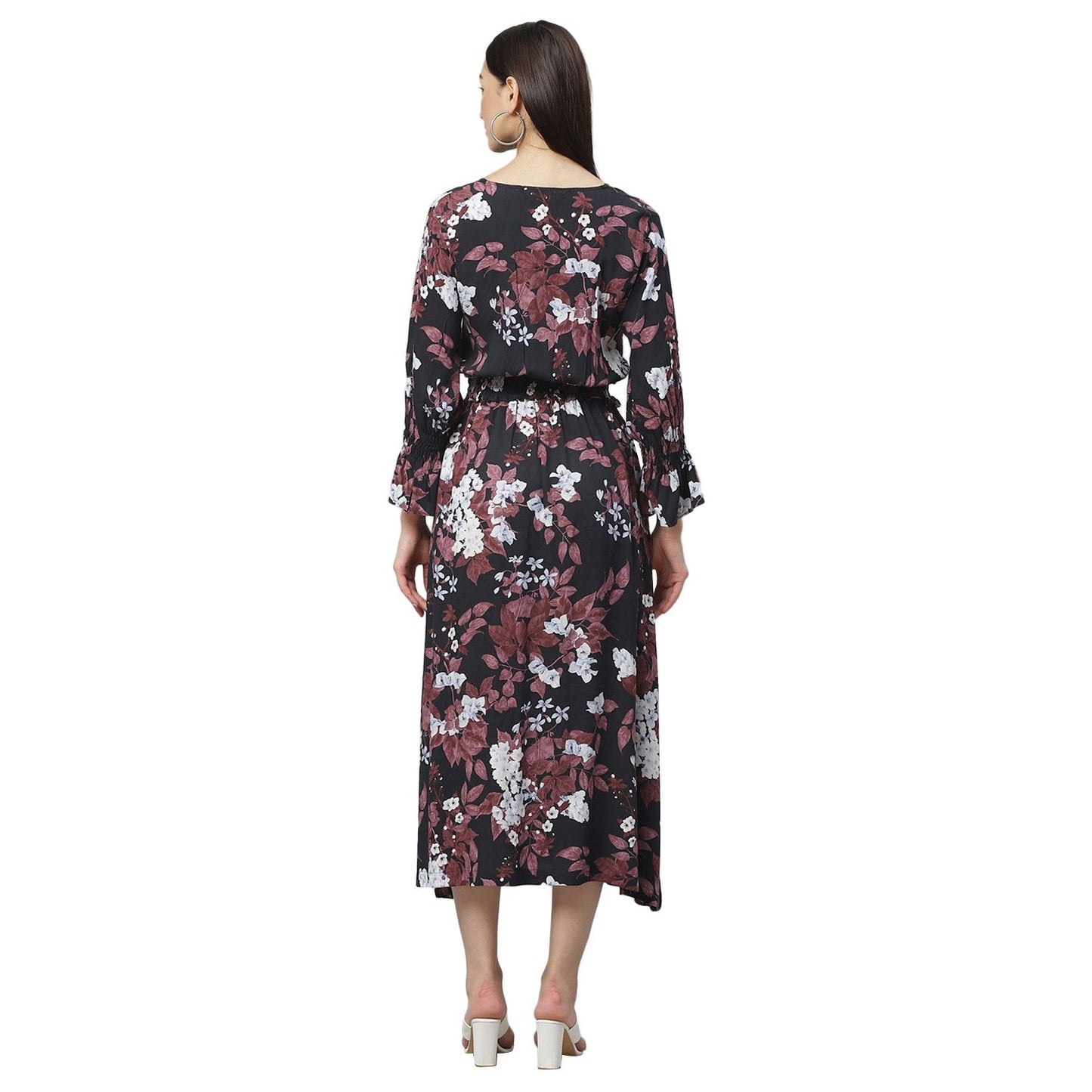 Women's Multicolor Rayon Printed 3/4 Sleeve V Neck Casual Dress