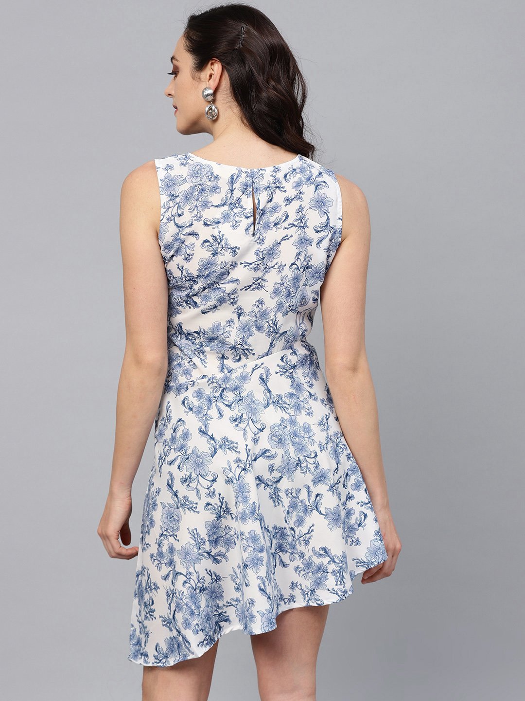Women's Blue Polyester Printed Sleeveless Round Neck Dress