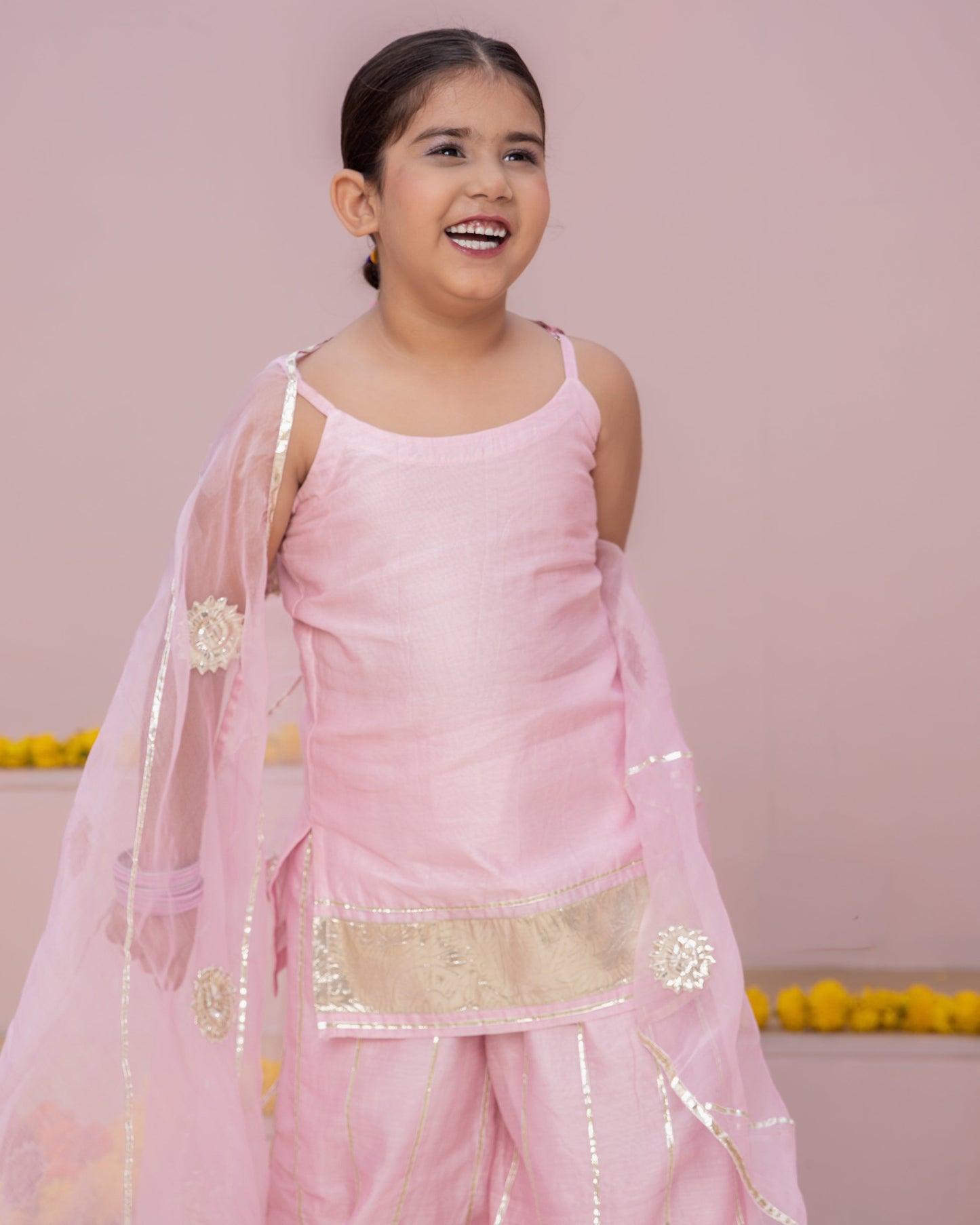 Girl's Mini Pink Solid Chanderi Suit Set