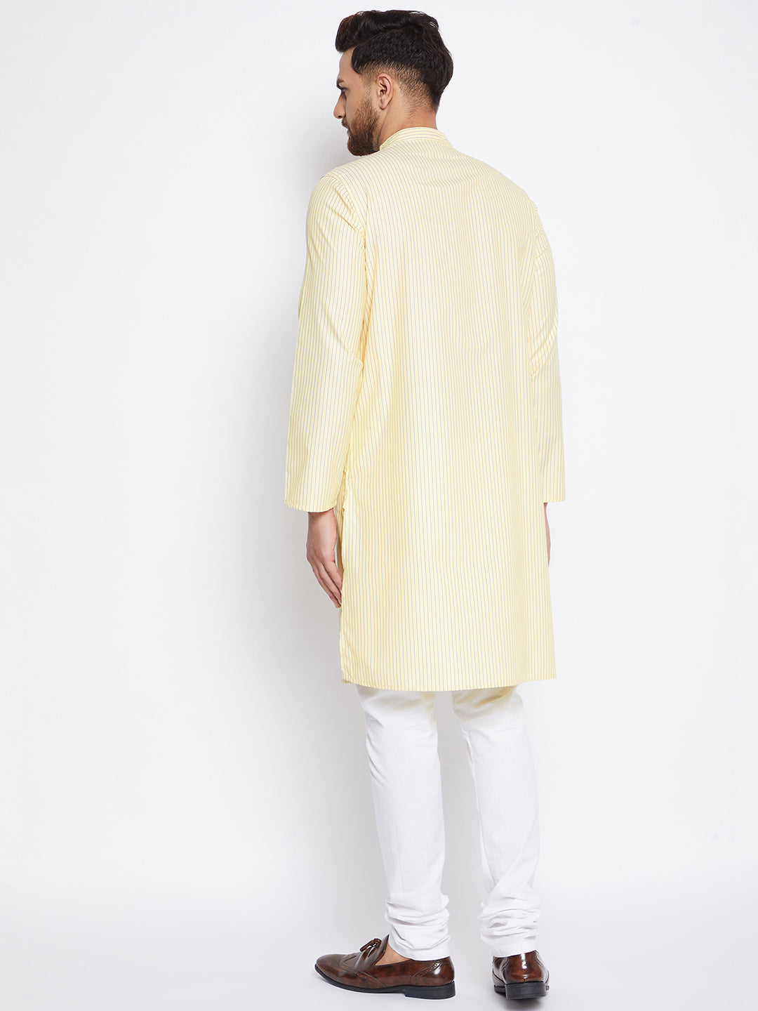 Men's Cotton Striped Yellow Kurta