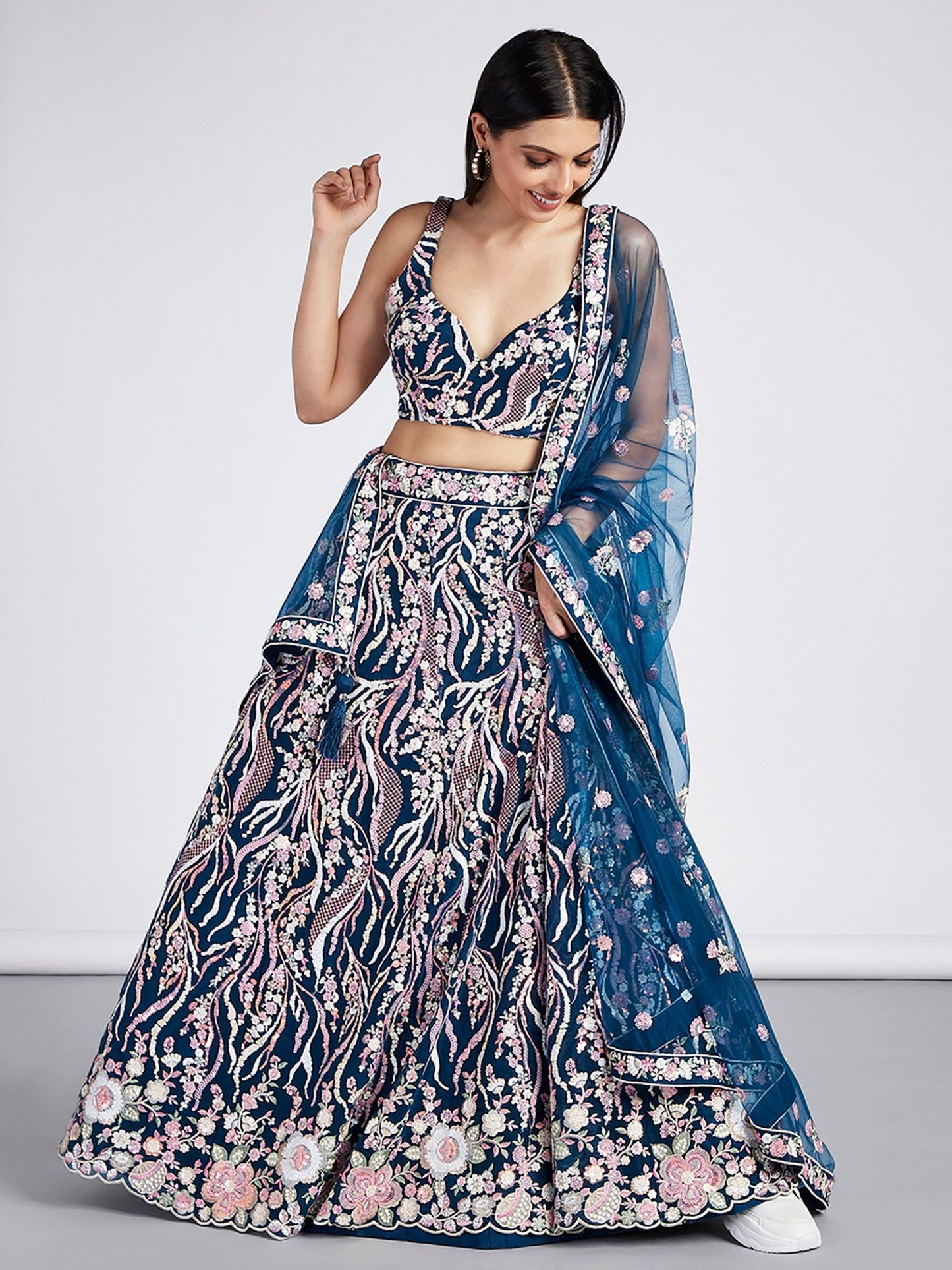 Women's Navy Blue Net Sequins And Thread Embroidery Lehenga Choli & Dupatta
