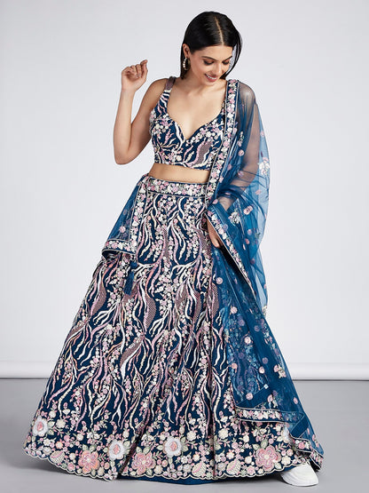 Women's Navy Blue Net Sequins And Thread Embroidery Lehenga Choli & Dupatta