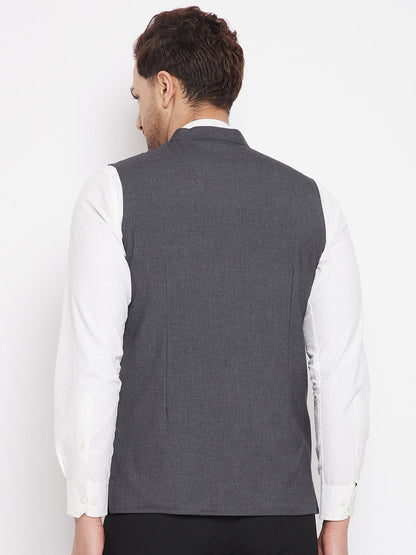 Men's Grey Color Nehru Jacket-Contrast Lining-Free Pocket Square