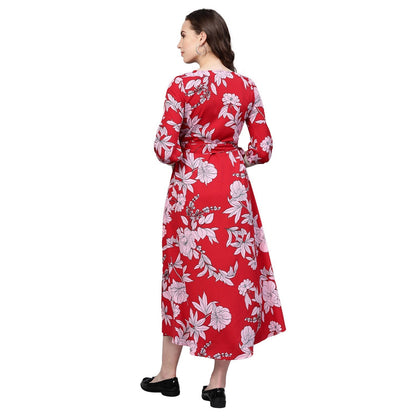 Women's Red Polyester Printed Half Sleeve V Neck Casual Dress