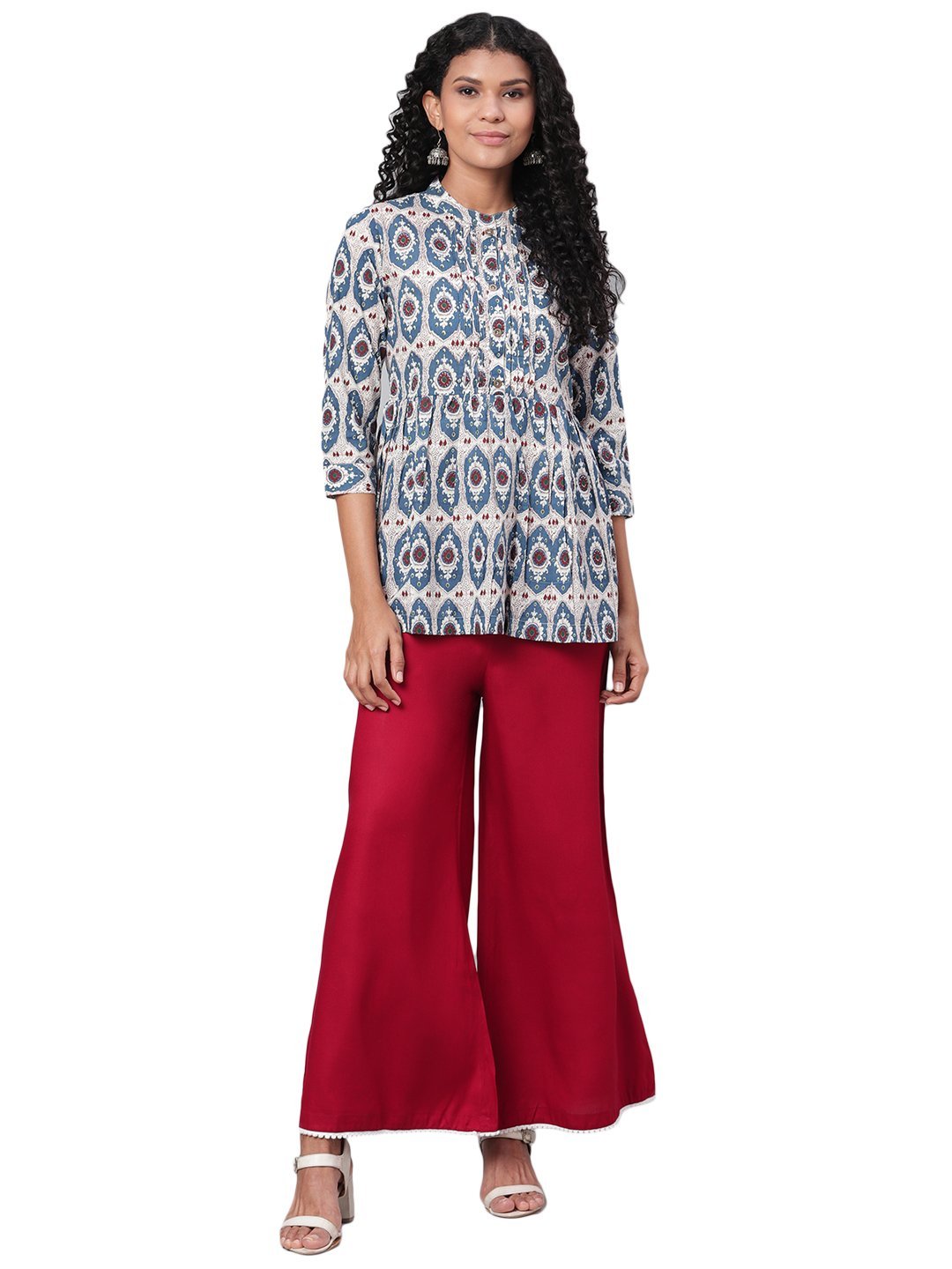 Women's Multi Printed 3/4 Sleeve Coller Neck Cotton Casual Top