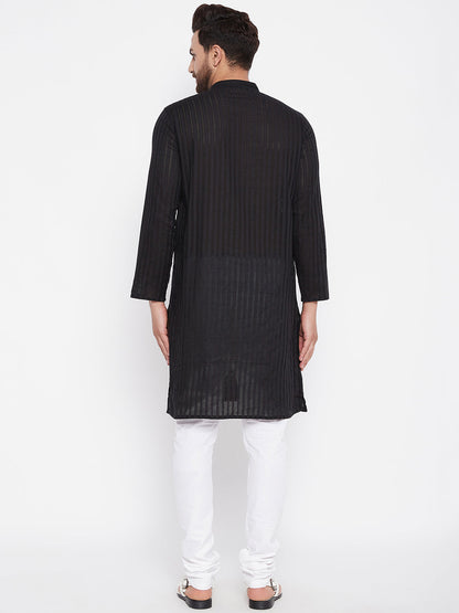 Men's Cotton Striped Black Kurta
