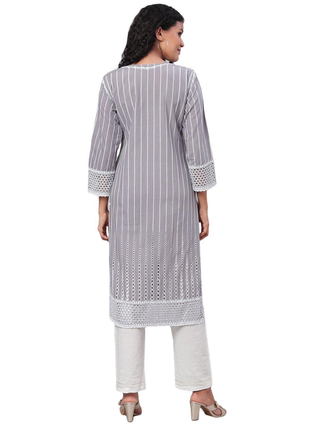 Women's Grey Embroidrey 3/4 Sleeve Cotton Round Neck Casual Kurta Only