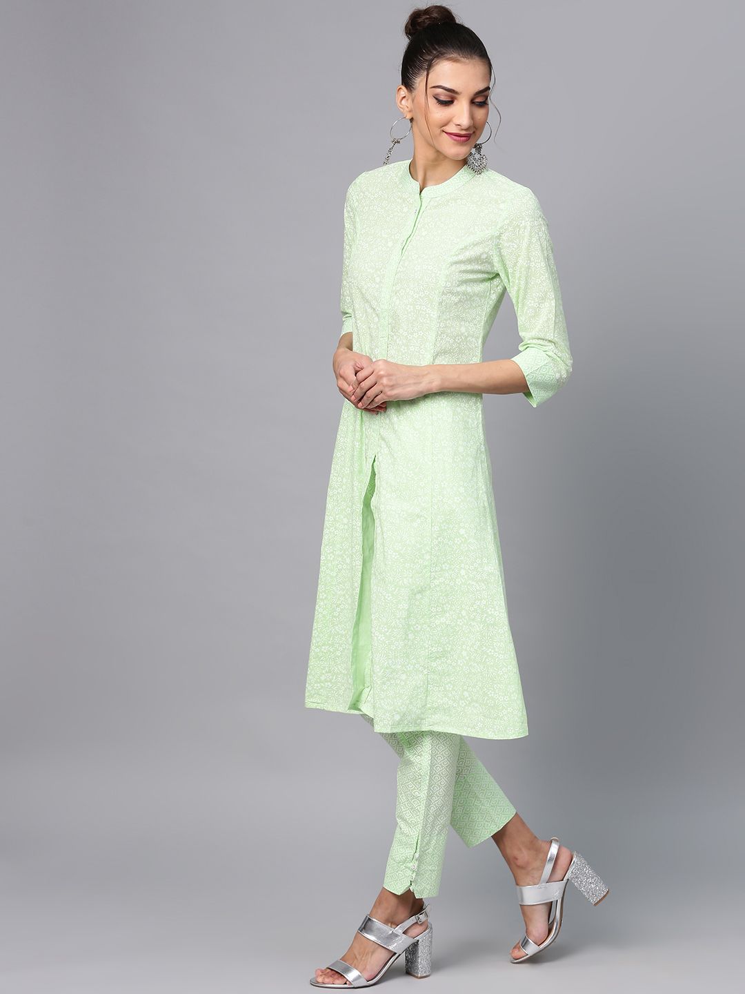 Women's  Green & White Printed A-Line Kurta