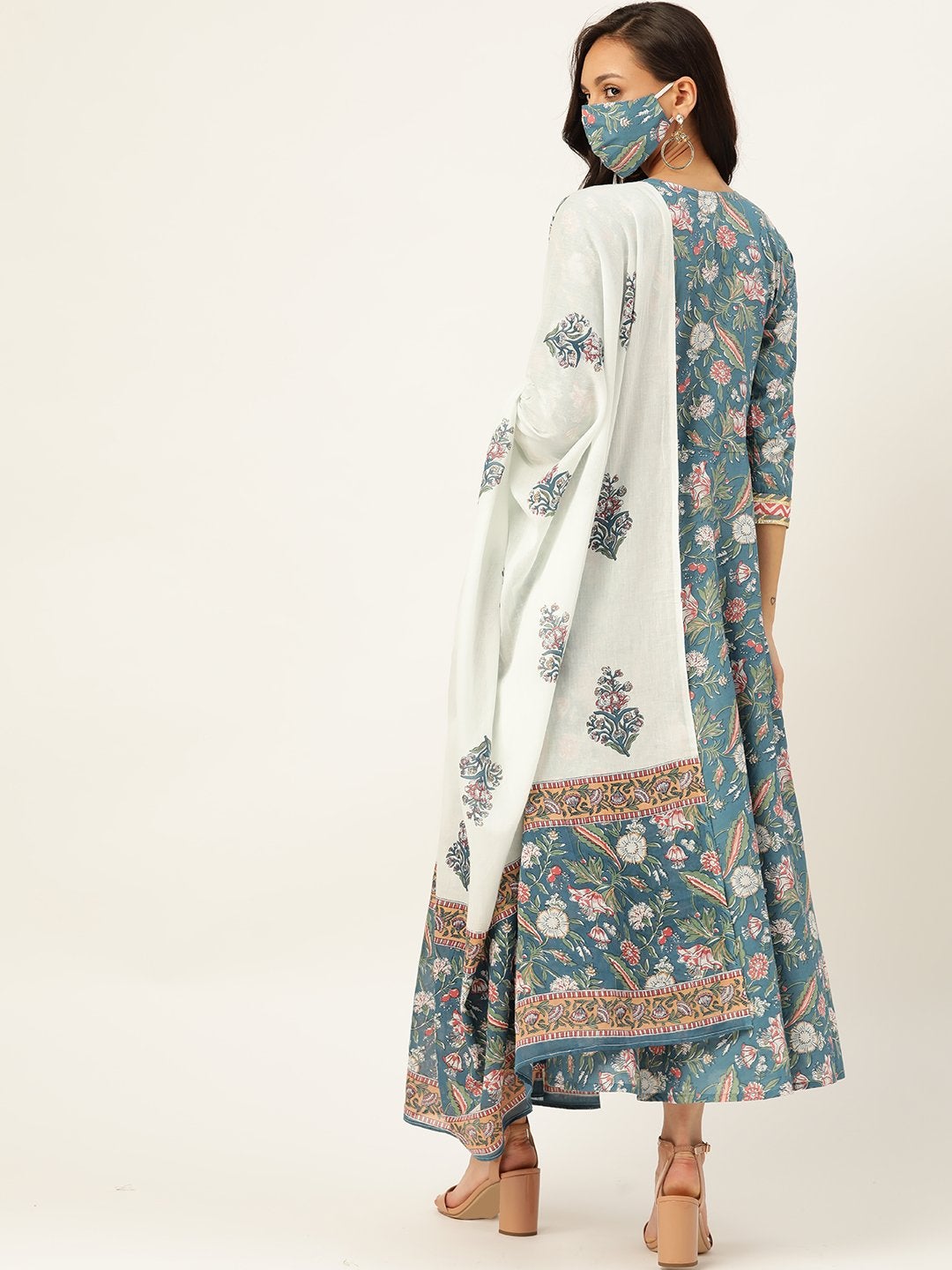 Women's Blue Cotton Gotta Work Anarkali With Dupatta
