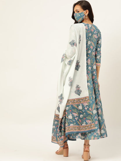 Women's Blue Cotton Gotta Work Anarkali With Dupatta