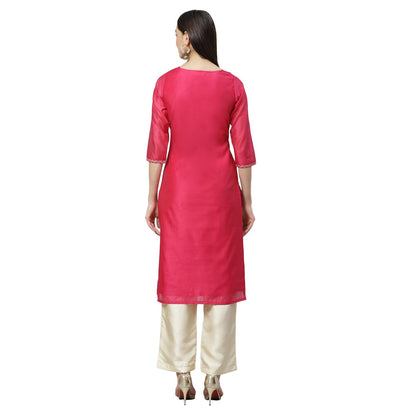 Women's Pink Chanderi Printed 3/4 Sleeve Round Neck Casual Kurta Pant Set