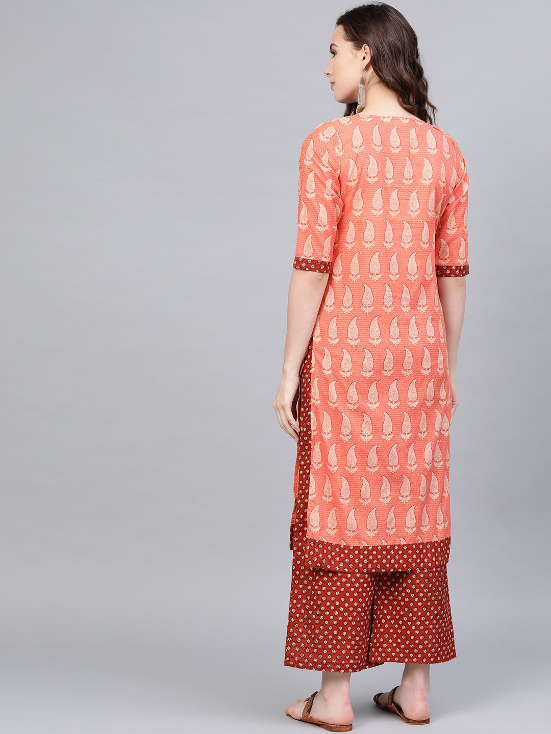 Women's Orange Cotton Printed Half Sleeve Round Neck Casual Kurta Palazzo Set