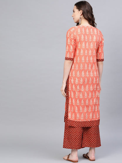 Women's Orange Cotton Printed Half Sleeve Round Neck Casual Kurta Palazzo Set