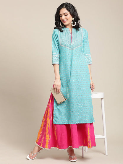Women's Turquoise Bandhej Printed Kurta With Gota Embellished Yoke