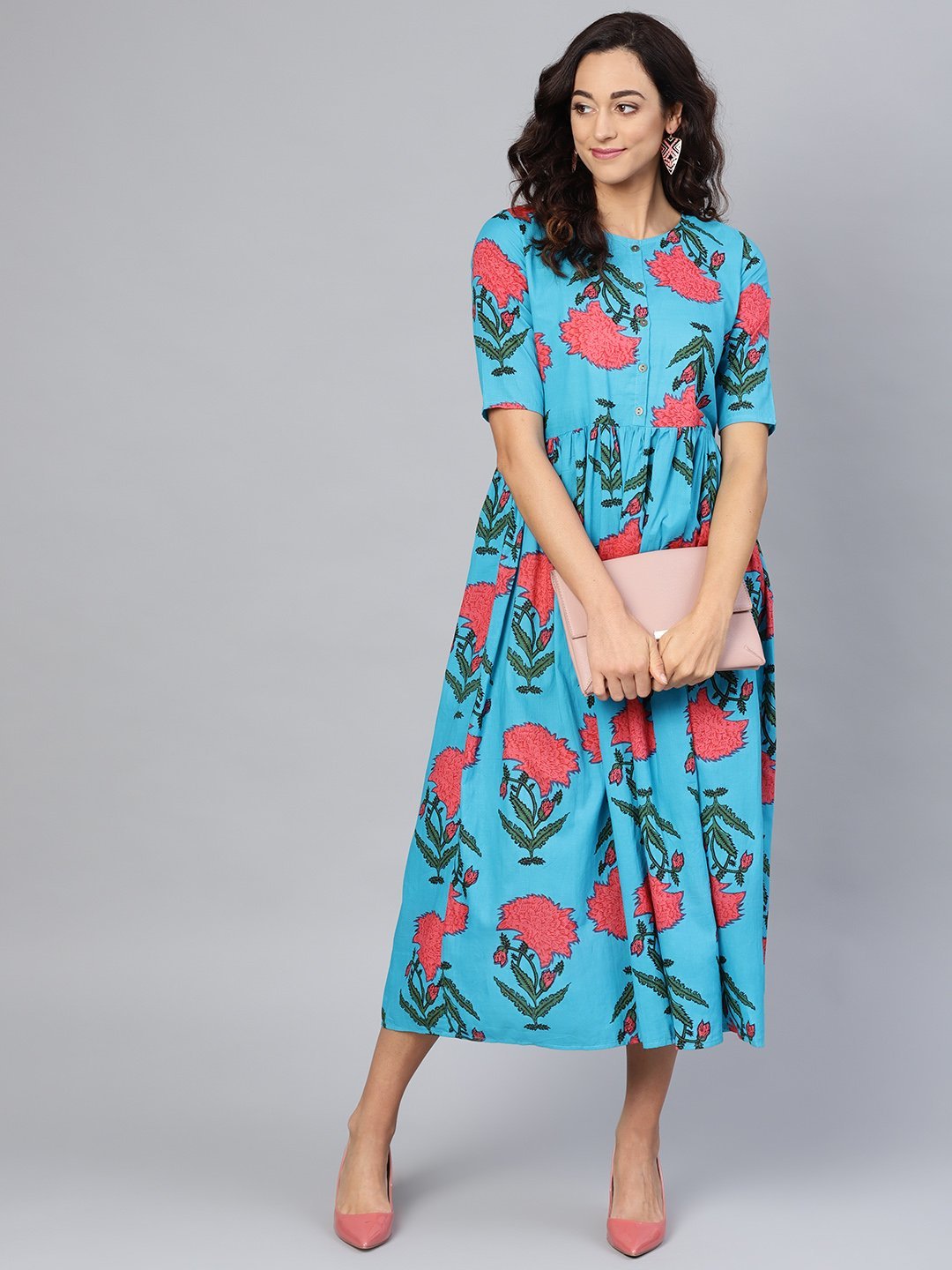 Women's Sky Blue Cotton Printed 3/4 Sleeve Round Neck Dress
