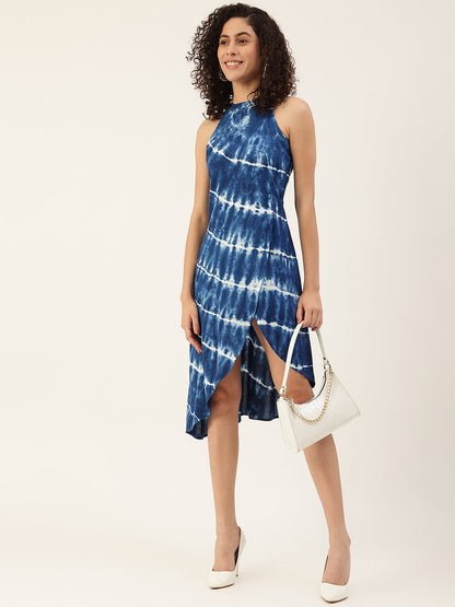 Women's Indigo Lehriya Halter Tie-dye Rayon Dress