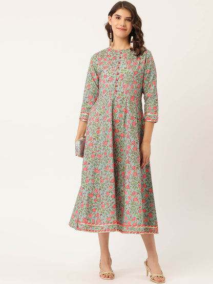 Women's Cotton Floral Printed & Gota Work detailing Anarkali Kurta