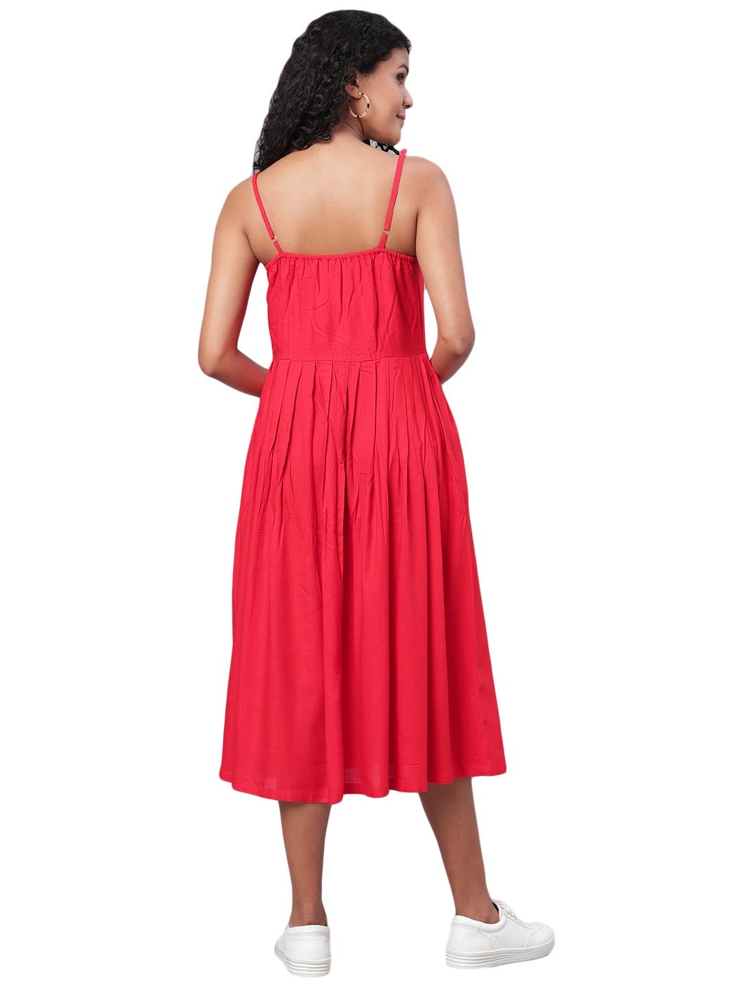 Women's Red Printed Sleeveless Cotton Slub Streps Neck Casual Dress