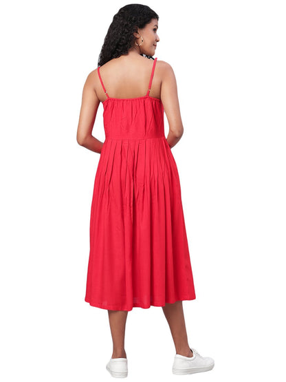 Women's Red Printed Sleeveless Cotton Slub Streps Neck Casual Dress