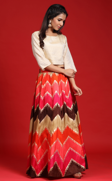 Women's Coral Silk Printed Lehenga With Silk Lurex Choli