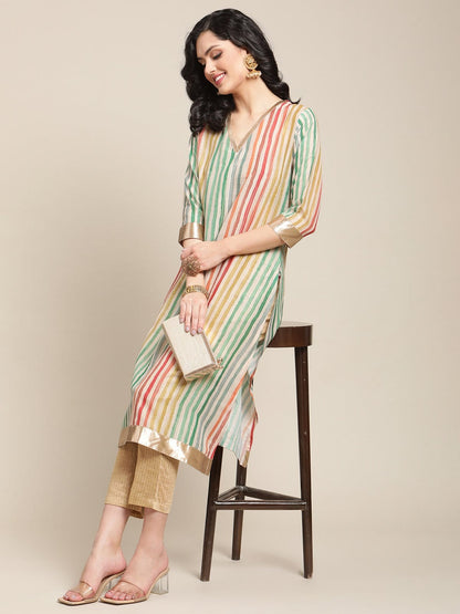 Women's Multicolored Striped V Neck A-Line Kurta With Shimmer Taping