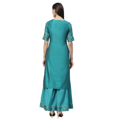 Women's Rama Green Chanderi Printed Half Sleeve Round Neck Casual Kurta Sharara Set