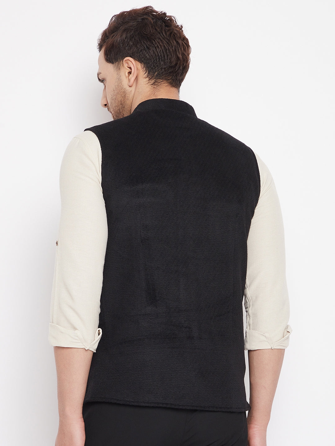 Men's Black Color Woven Nehru Jacket