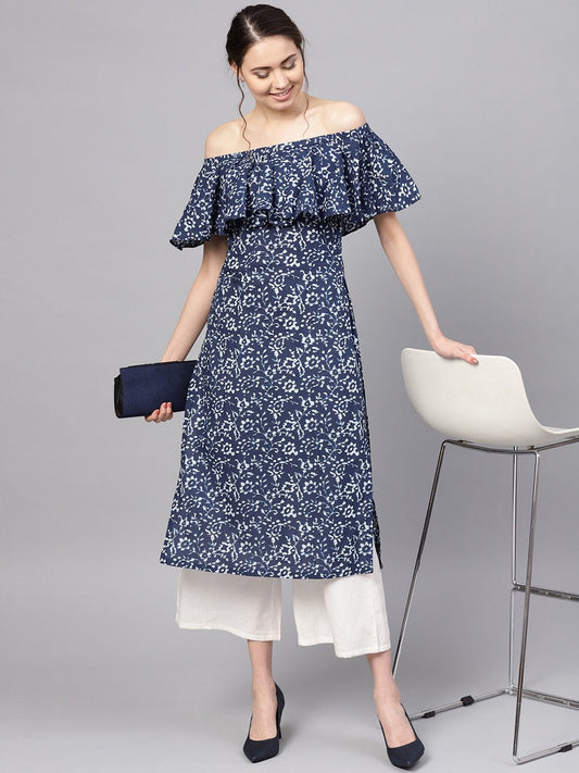 Women's Blue Cotton Printed Cold Shoulder Sleeves Off Shoulder Neck Casual Kurta Only