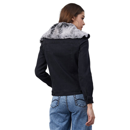 Women's Black Denim Jacket with Detachable Grey Collar