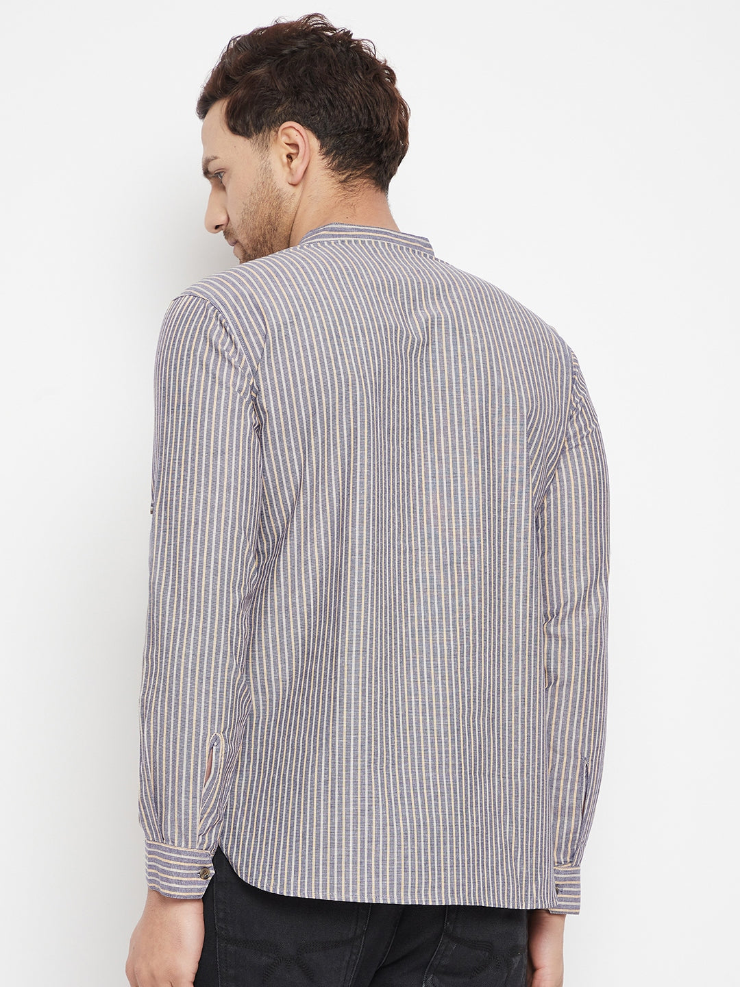 Men's Grey Color Short Kurta with Band Collar