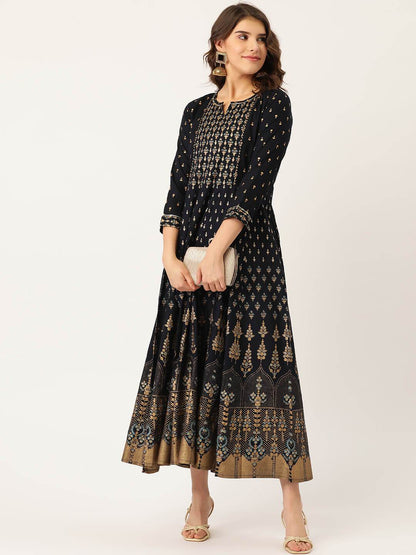 Women's Rayon Gold Printed & Gota Work Anarkali Kurta