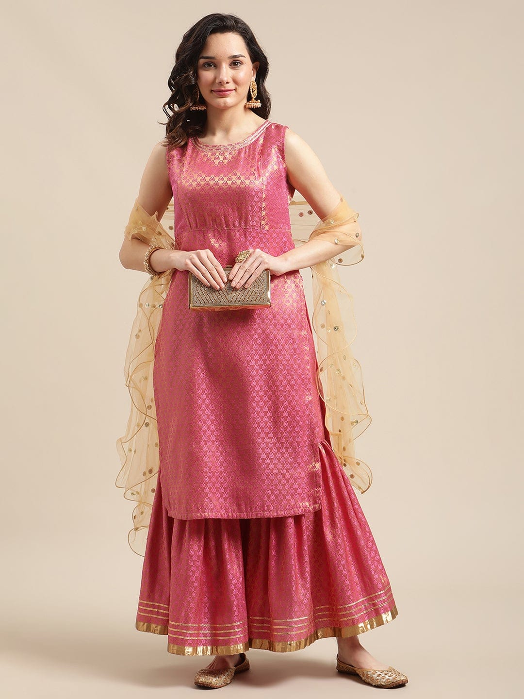 Women's Pink And Gold Brocade Sleeveless Kurta Sharara Set With Sequins Ruffle Dupatta