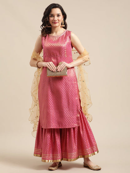 Women's Pink And Gold Brocade Sleeveless Kurta Sharara Set With Sequins Ruffle Dupatta