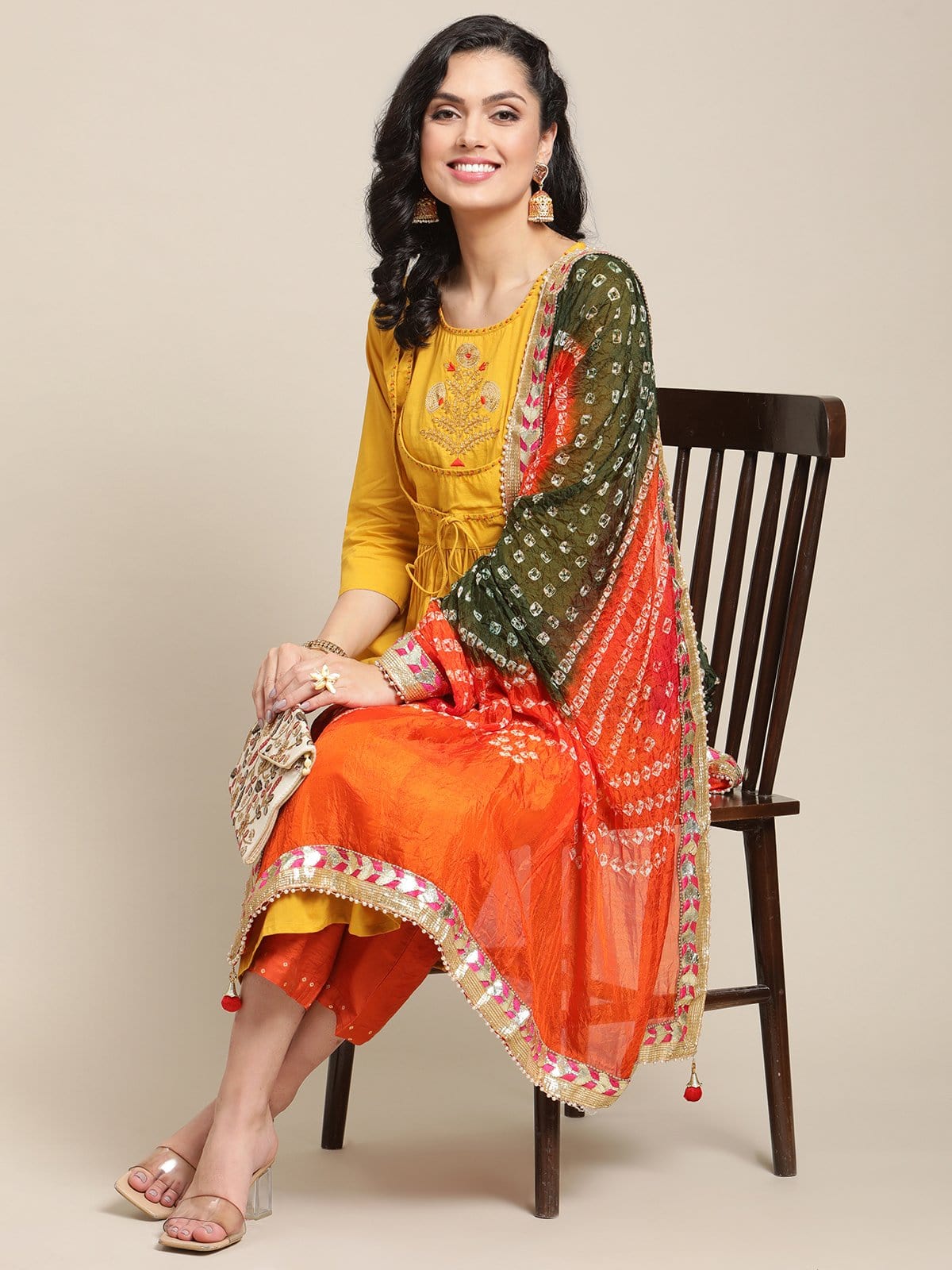 Women's Mustard Sequins Embroidery Anarkali Kurta With Rust And Olive Bandhej Silk Dupatta