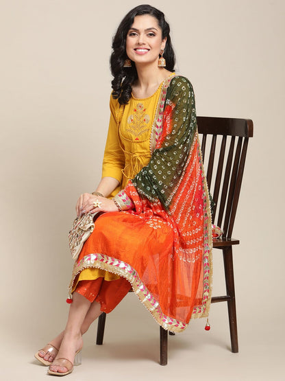 Women's Mustard Sequins Embroidery Anarkali Kurta With Rust And Olive Bandhej Silk Dupatta