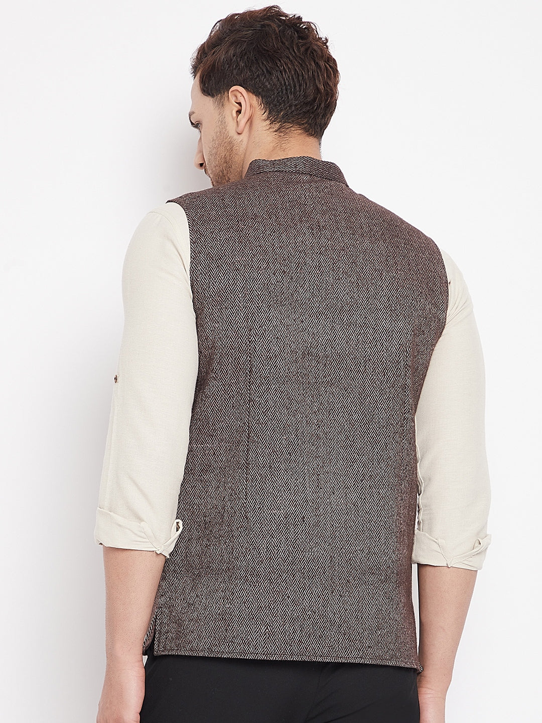 Men's Brown Color Woven Nehru Jacket
