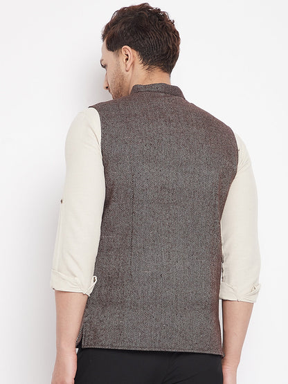 Men's Brown Color Woven Nehru Jacket