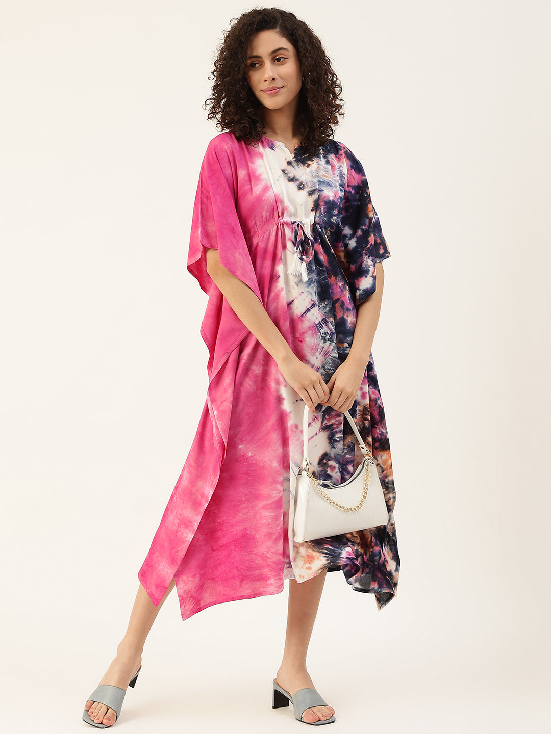 Women's Pink-Blue Tie-dye Rayon Kaftan Dress