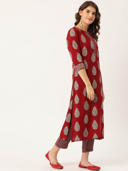 Women's Rayon Printed Suit Set with Adda Work & Dupatta