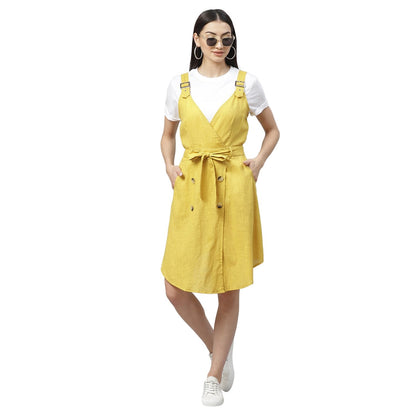 Women's Yellow Cotton Slub Solid Sleeveless Srep Neck Casual Dress