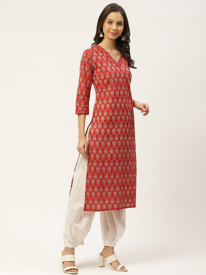 Women's Red & White Ethnic Hand Printed Cotton Kurta with Salwar & Dupatta