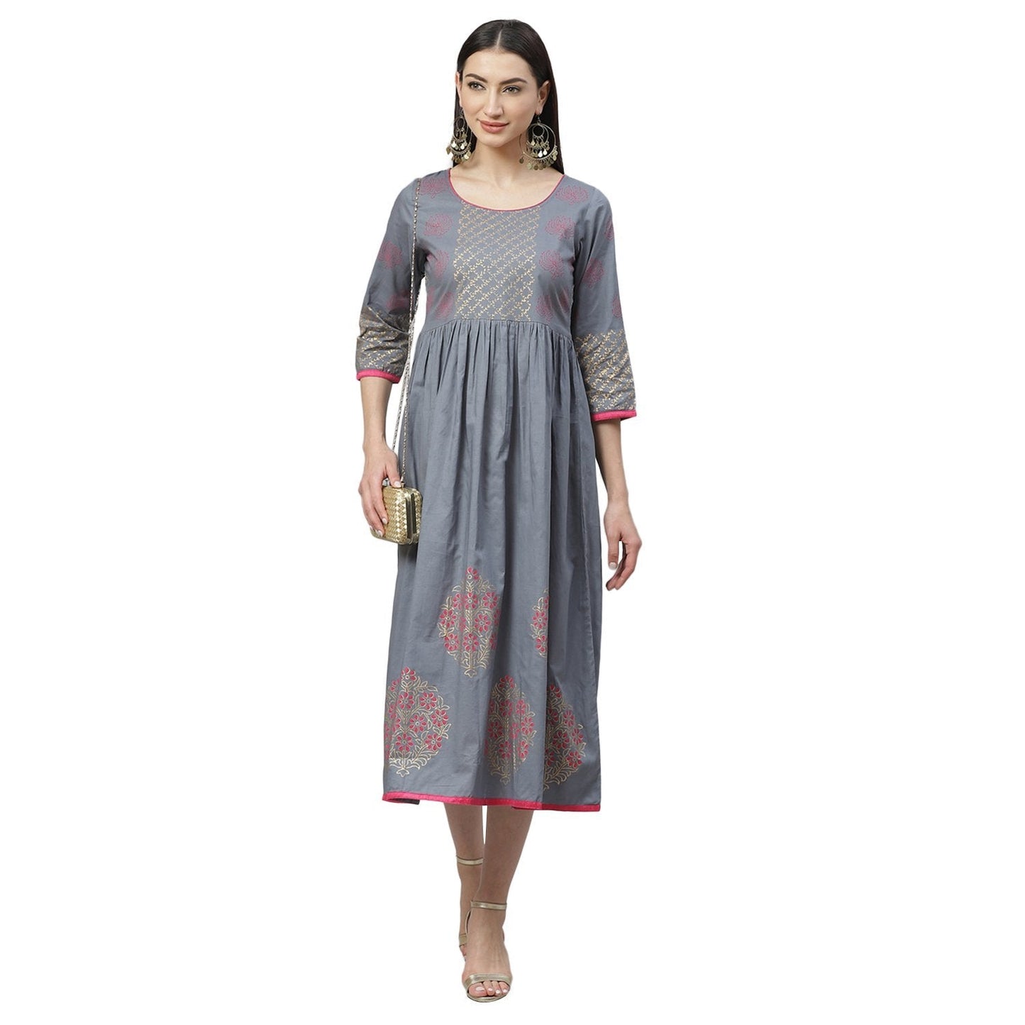 Women's Grey Cotton Printed 3/4 Sleeve Round Neck Casual Dress