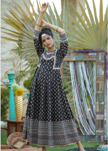 Women's Black Cambric Floral Print Anarkali Kurta Dress With Mask