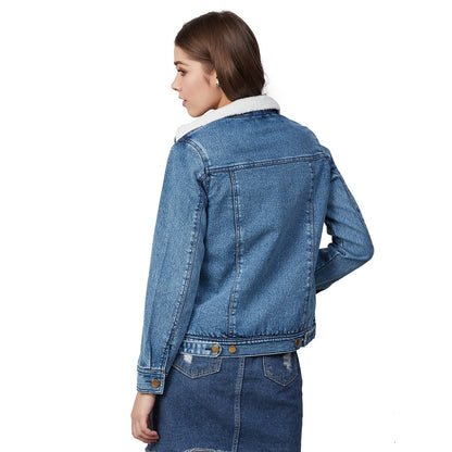 Women's Denim Jacket with Soft Warm Faux Fur Lining inside -Blue