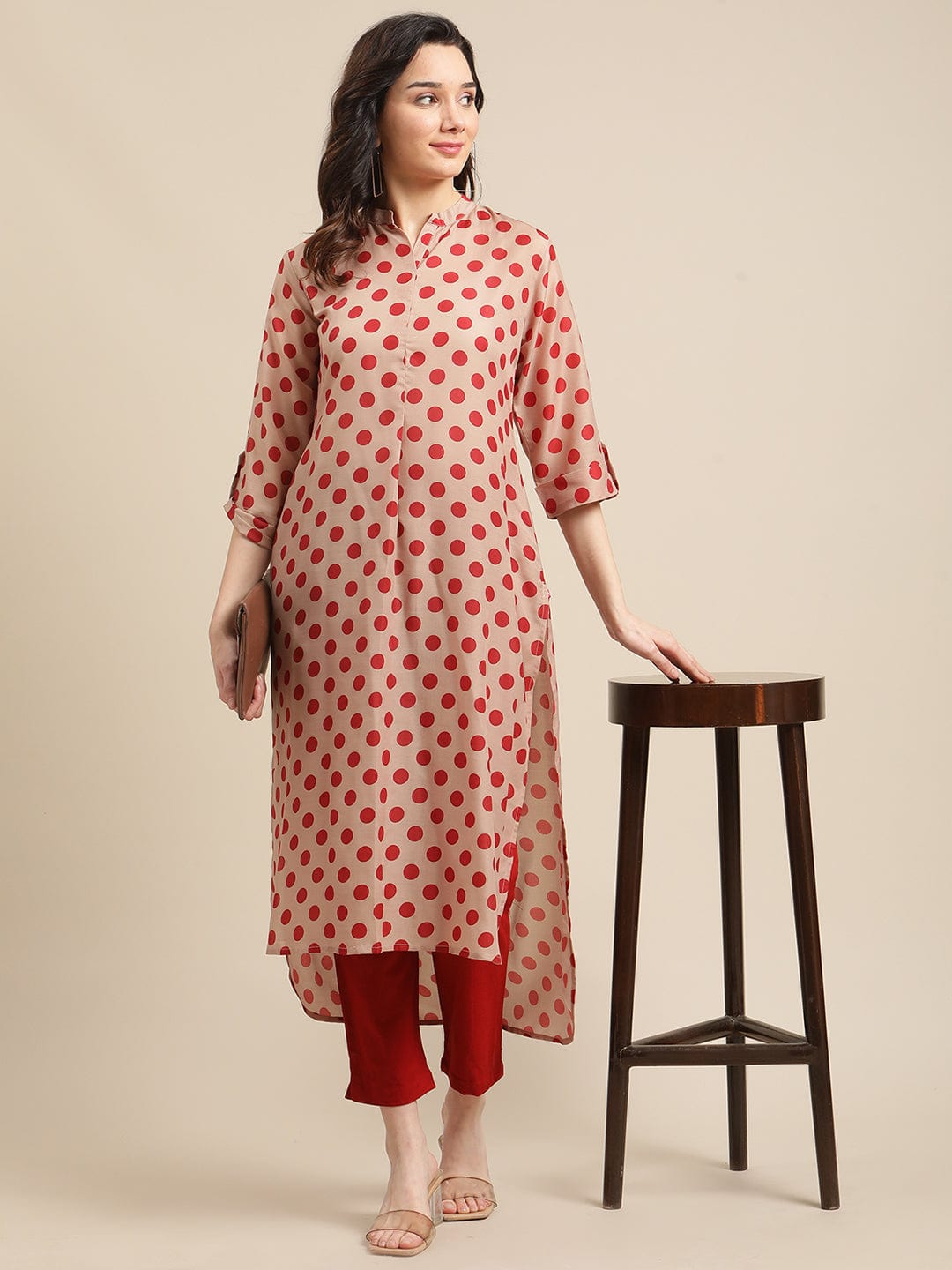Women's Rust And Beige Polka Dot Printed High -Low Kurta