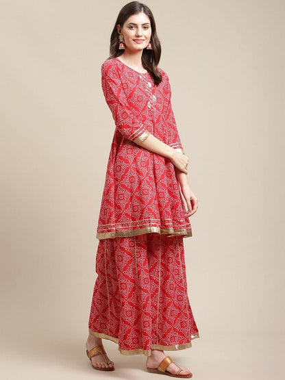 Women's Red Ethnic Motifs Printed Gotta Patti Kurta with Sharara & With Dupatta